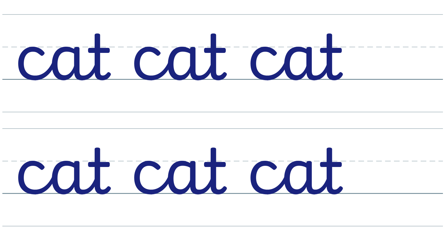 The word “cat” repeated across ruled lines in UK joined handwriting